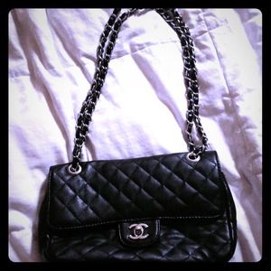 Chanel inspired black quilted leather evening bag