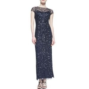 Short-Sleeve Lace Overlay Sequin Gown