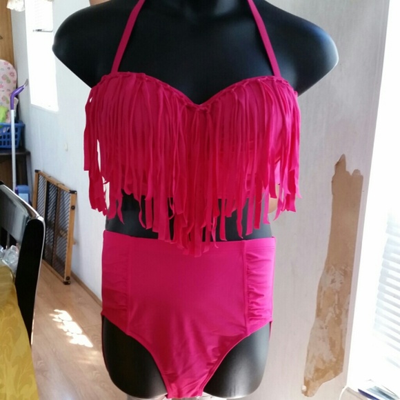 Plus size hot pink tassel high waist bathing suit