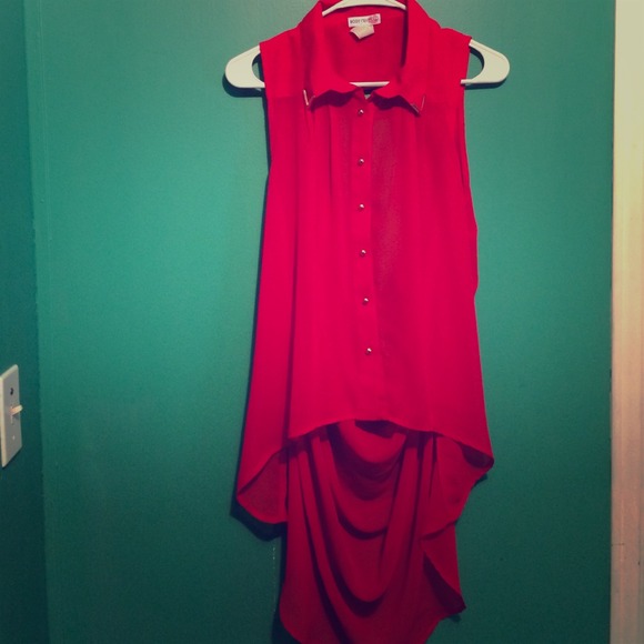 Red, button up, collared top with an open back