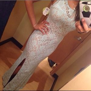 Brand new, long, laced, sky blue dress