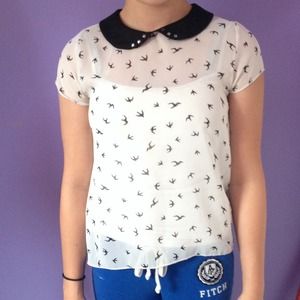 Sheer bird print, Peter Pan collard shirt