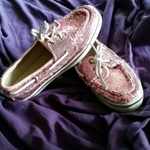 Pink sequin boat shoes