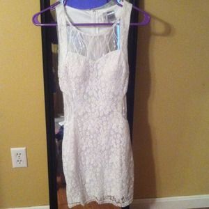 White floral print dress with sheer neckline