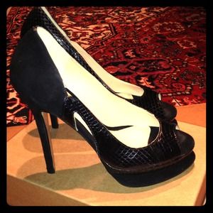 Leather snake print and suede peep toe platform