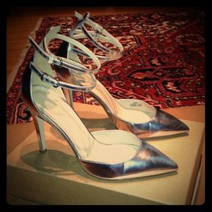 Jcrew silver leather ankle strap heel