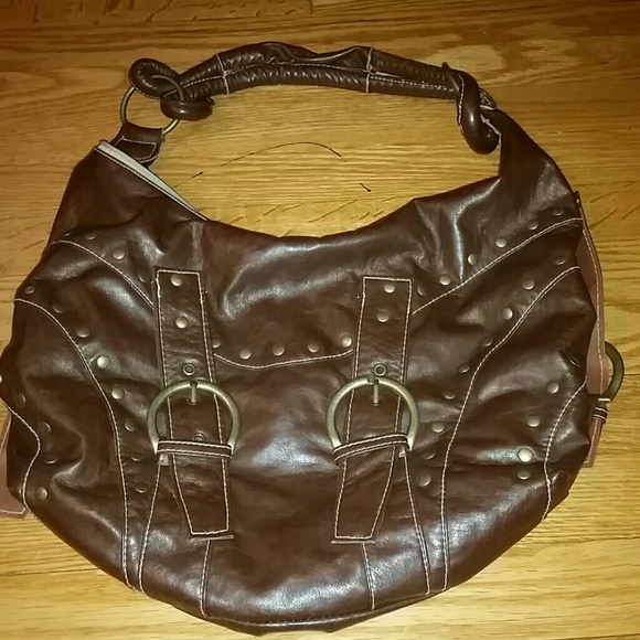 Faux Brown Leather Bag with Muted Gold Studs
