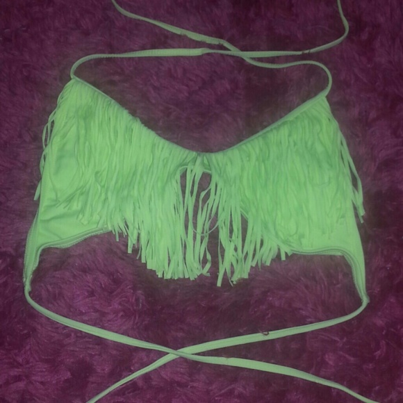 l* space chartreuse fringed bathi ng suit top