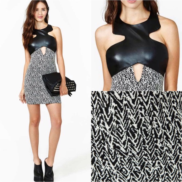 🔥Black White Faux Leather Top Knit Bodycon Dress - Picture 2 of 3