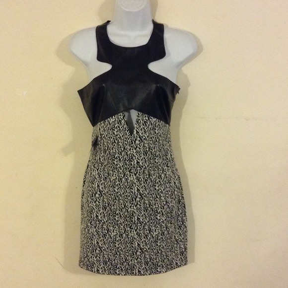 🔥Black White Faux Leather Top Knit Bodycon Dress - Picture 3 of 3