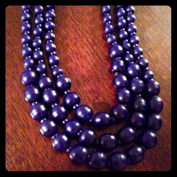 Vintage Triple Strand Navy Bead Necklace