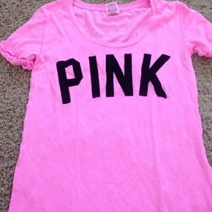 Pink shirt with fuzzy lettering!