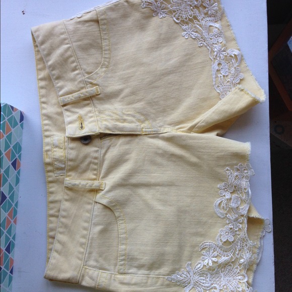 Guess denim yellow shorts with lace detail