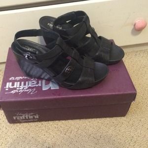 Black leather wedges