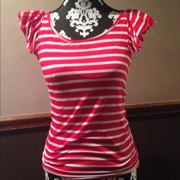 Red striped ruffle sleeve top