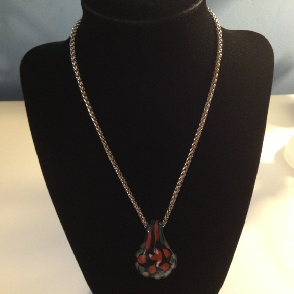 Blue Glass Blown Pendant with Silver Chain