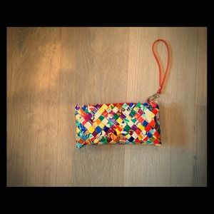 Recycled clutch made out of wrappers.