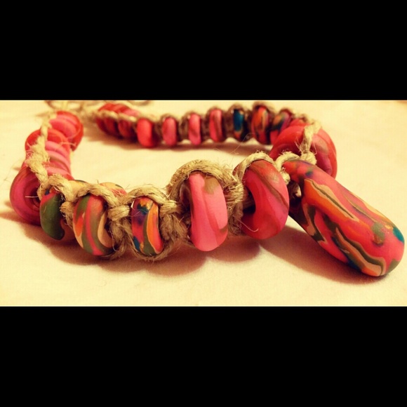 Pink Tye Dye Hemp Necklace with Clay Beads - Picture 2 of 4