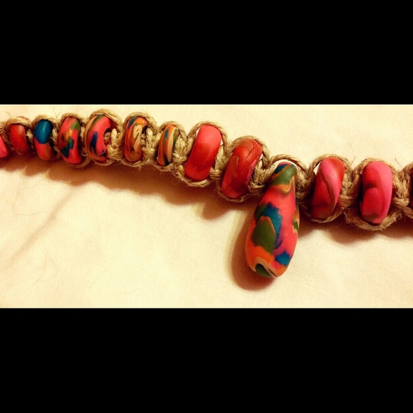 Pink Tye Dye Hemp Necklace with Clay Beads - Picture 3 of 4