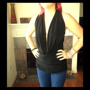 Black Marciano top with plunging neck line.