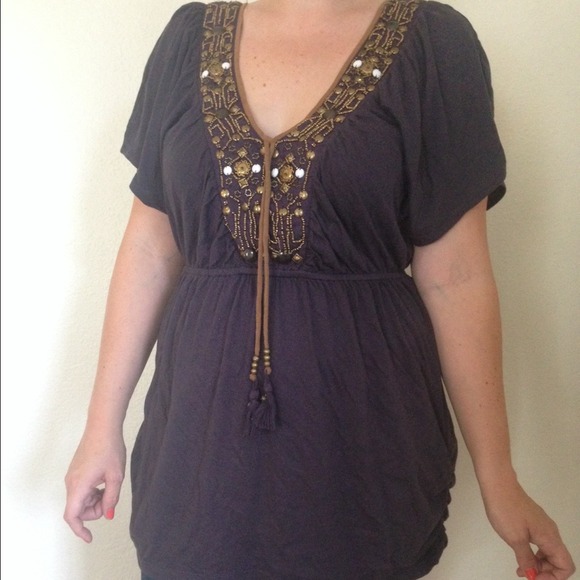 *SOLD in bundle* Anthro C Keer's Eggplant Beaded - Picture 1 of 4