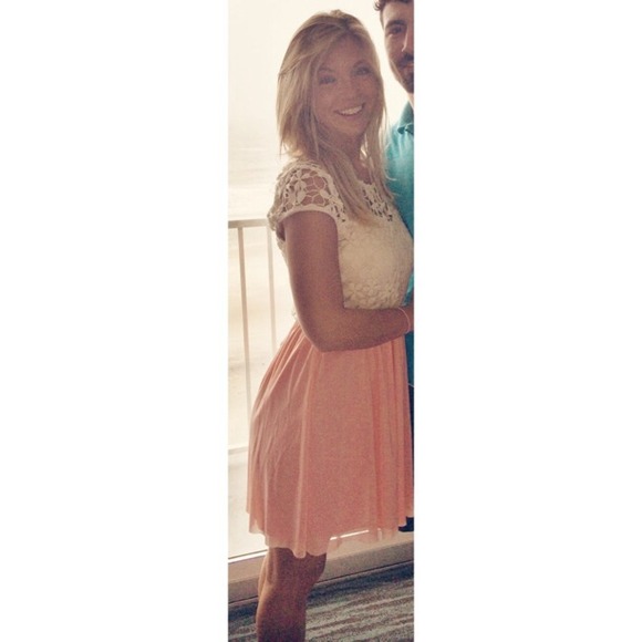 Rue21 coral dress with lace shoulders.