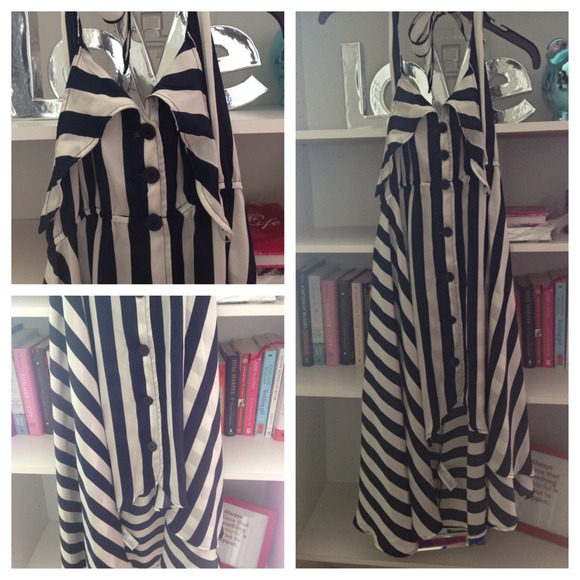 Satiny navy and white striped dress