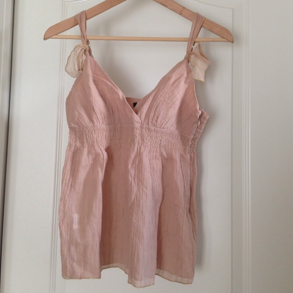 Bebe nude Grecian-inspired sheer top w/ gold trim