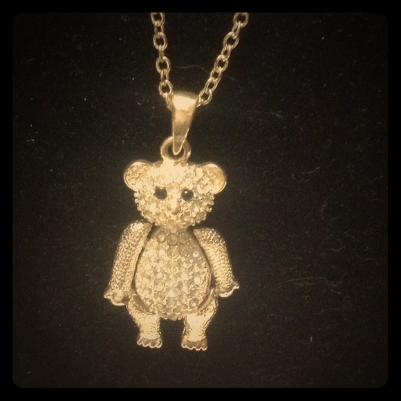 Silver faux diamond bear necklace