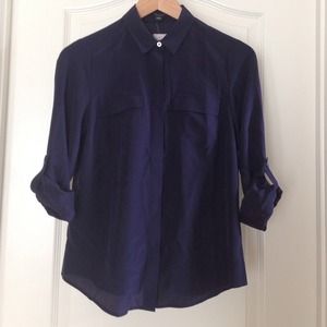 Ann Taylor navy blue military-inspired silk blouse