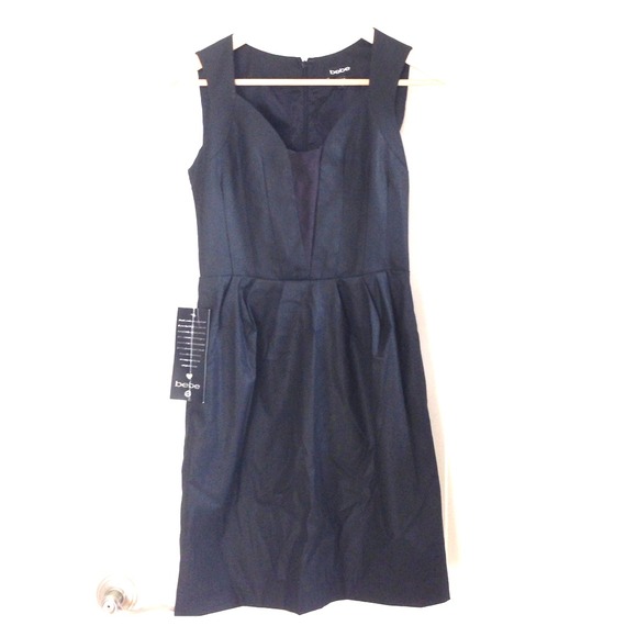 Bebe black dress with sheer v-cut and side pockets