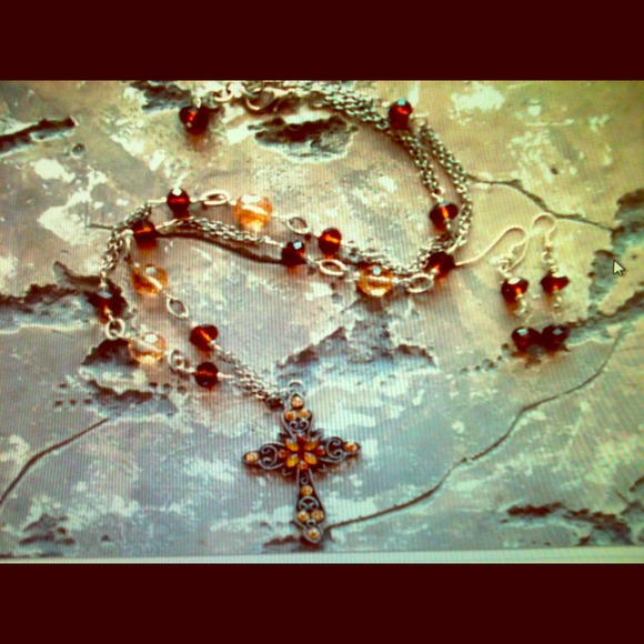Cognac crystal cross necklace silver-tone set - Picture 1 of 3