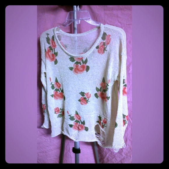 Beige distressed roses sweater
