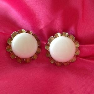VINTAGE White with Gold Tone Trim Clip-on EARRINGS