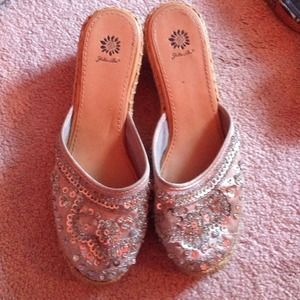 Yellow Box silver moccasin wedges