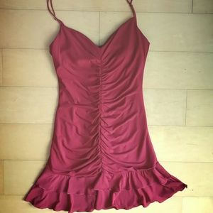 BCBG little red dress, ruched with ruffle hem