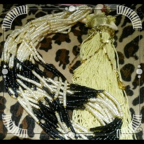 VINTAGE BLACK & WJITE RICE PEARL NECKLACE MULTI STRAND 24"L