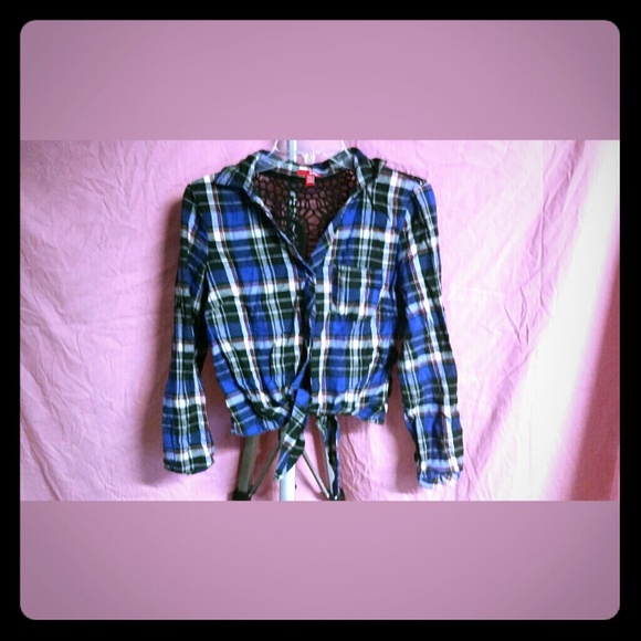 Blue plaid crop tie shirt