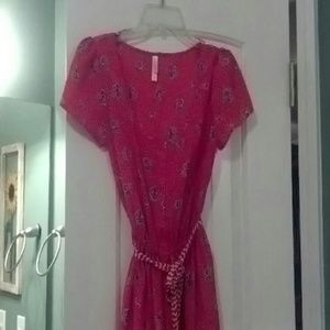 Pink floral print dress with belt