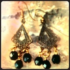 Black crystal and aged bronze dangle earrings