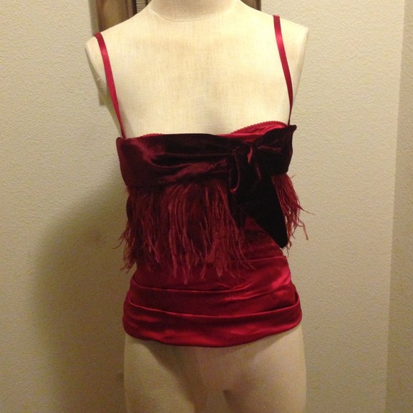 Red satin bustier top with feather detail