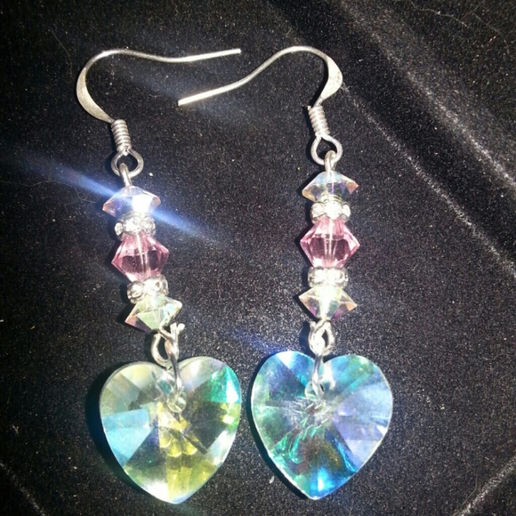 Swarovski clear and pink dangle heart earrings