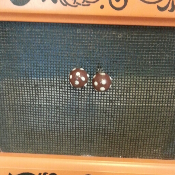 Brown and white polka dot ball earrings