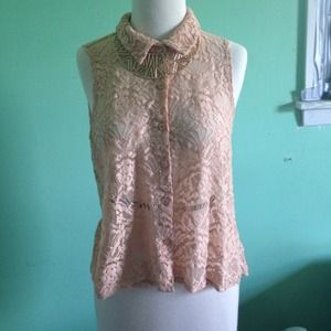 Peach lace hi-low button up blouse.