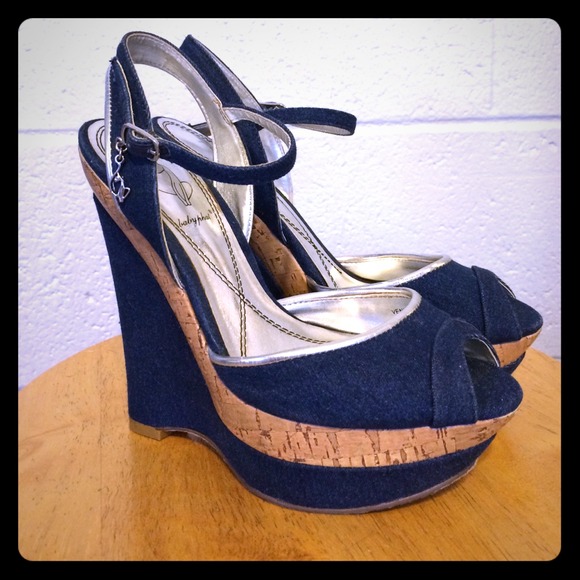 Denim and cork peep toe platform wedge, size 5