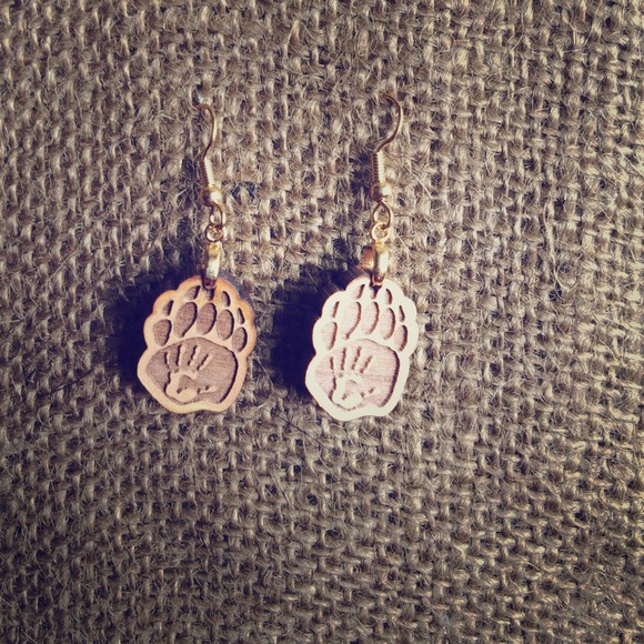 bearpaw/handprint earrings. hand crafted from wood