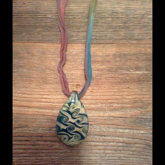 Hand Blown Glass Pendant On Hand Dyed Silk Tie