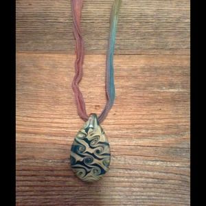 Hand Blown Glass Pendant On Hand Dyed Silk Tie