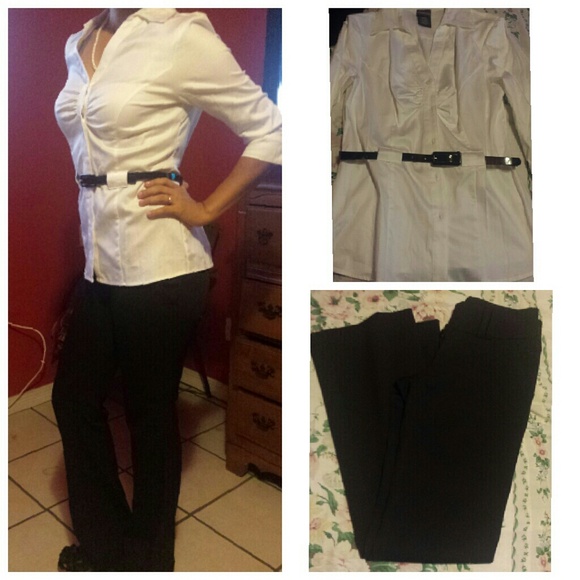 Dressy pants with white blouse with black belt.
