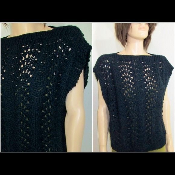 Vtg Black Knit Crochet  Sweater Top Vest S/M